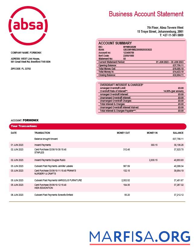 Printable Absa Bank company checking account statement Word and PDF template